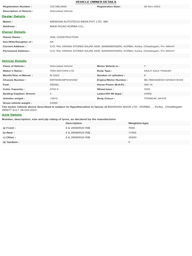 Vehicle details pdf