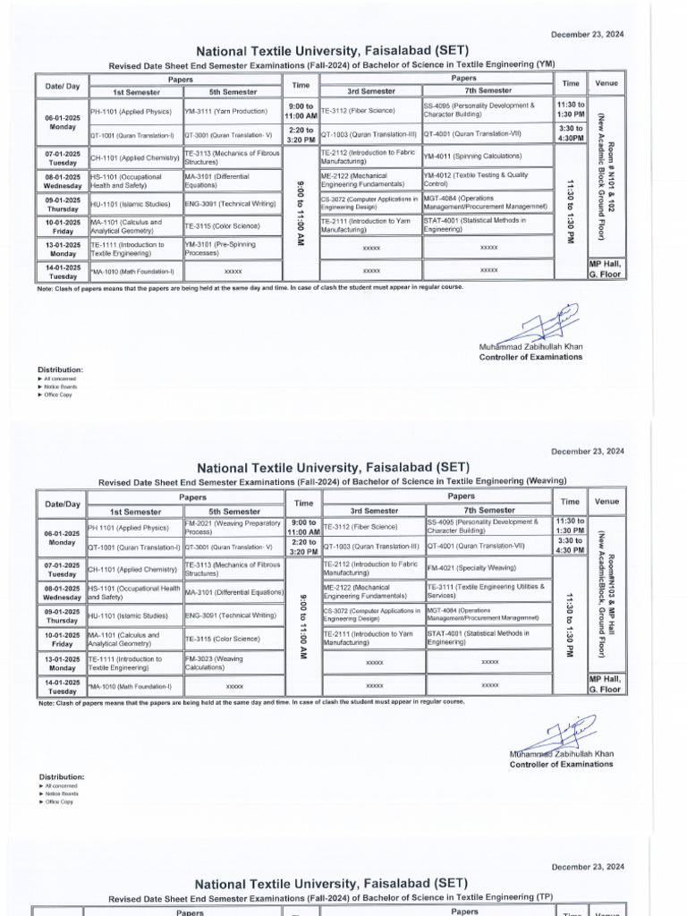Revised Date Sheet For End Semester Fall 2024 | PDF