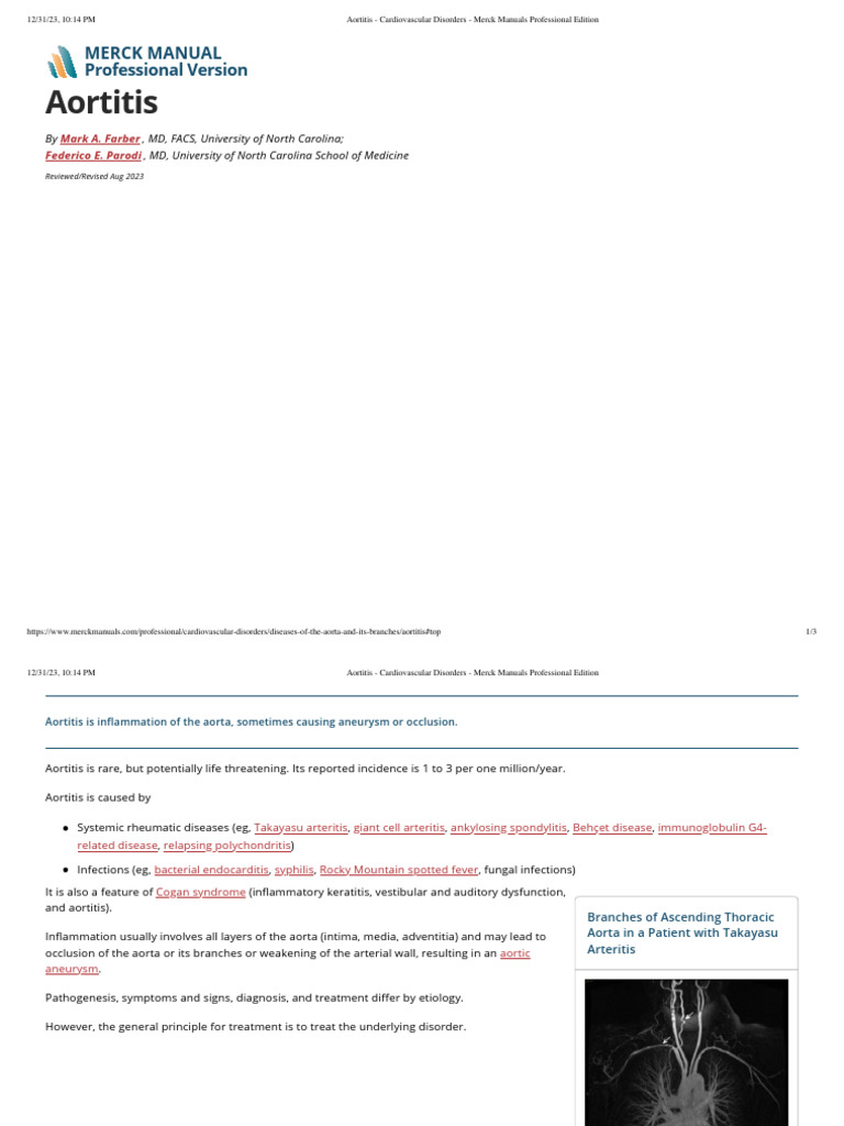 Aortitis - Cardiovascular Disorders - Merck Manuals Professional ...