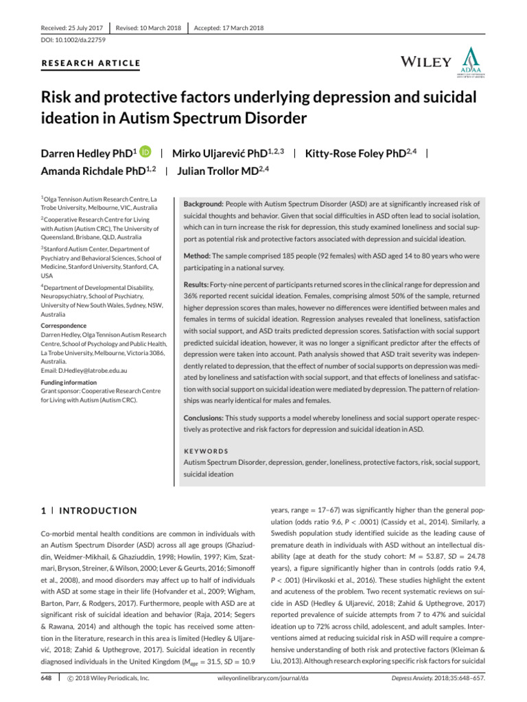 Depression and Suicide in Autism Spectrum Disorder | PDF