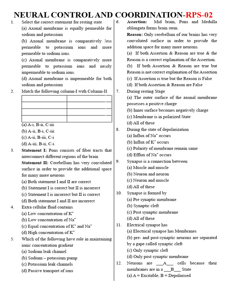 Neural Control and Coordination NEET-RPS-02 | PDF | Synapse | Chemical ...