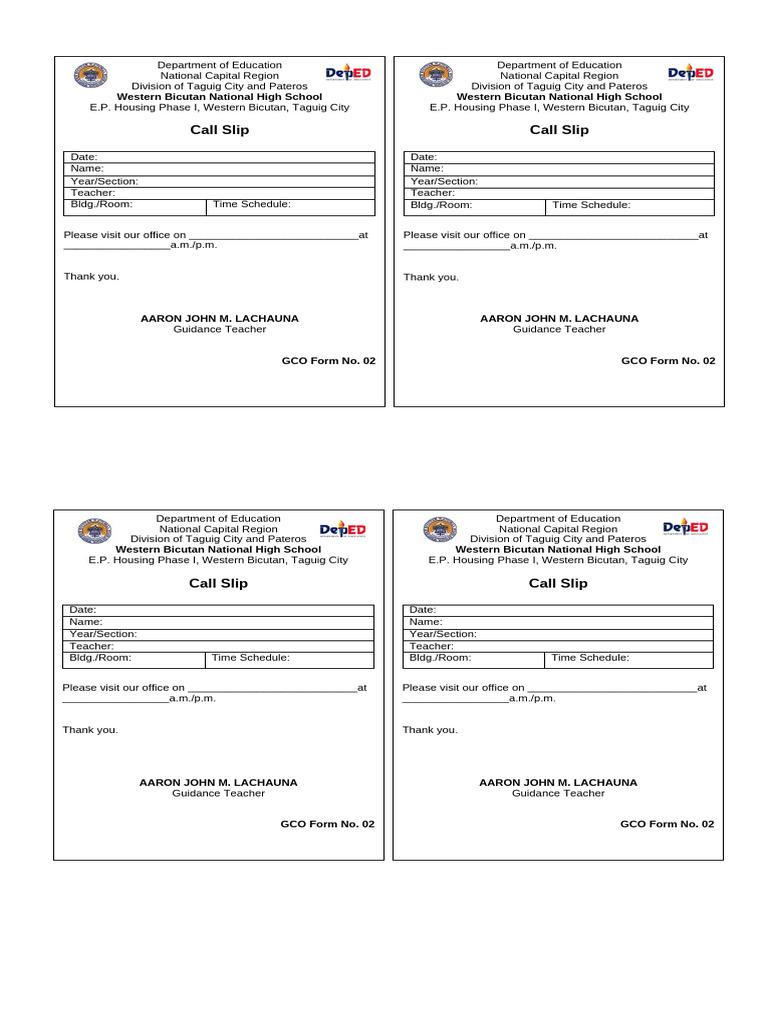 CALL SLIP G.12 GCO Form No. 02 | PDF