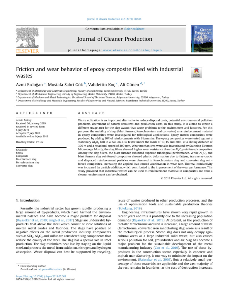 IMP 10.1016@j.jclepro.2019.07.063 | PDF | Wear | Composite Material