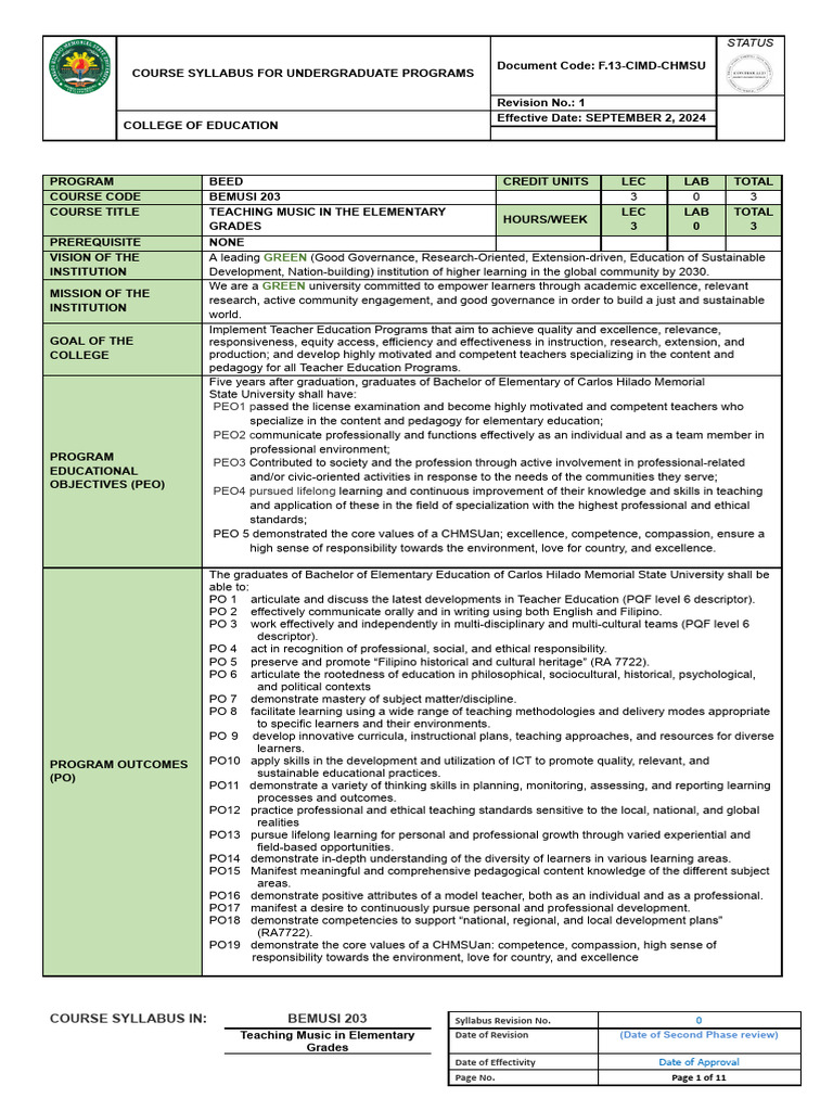 BEMUSI 203 Syllabus Phase2 Reviewed (8-23-24) | PDF | Tempo | Learning