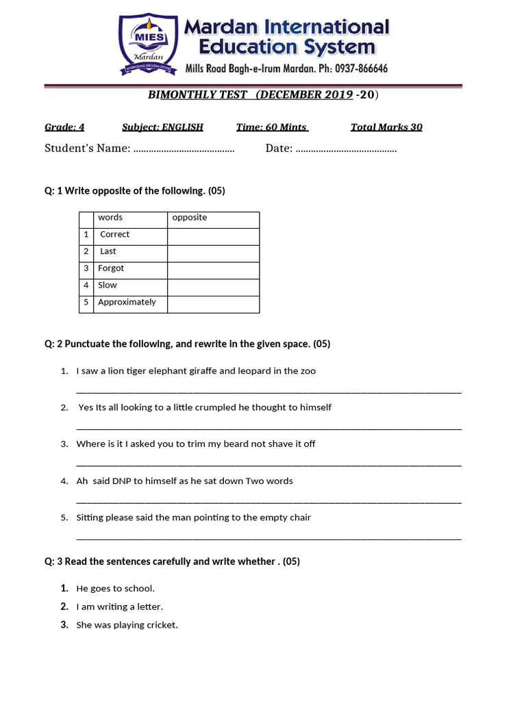 Grade 4 Monthly Test Pdf Languages Foreign Language Studies