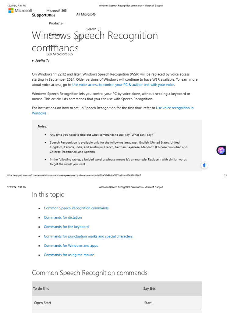 Windows Speech Recognition Commands | PDF | Software | Computing