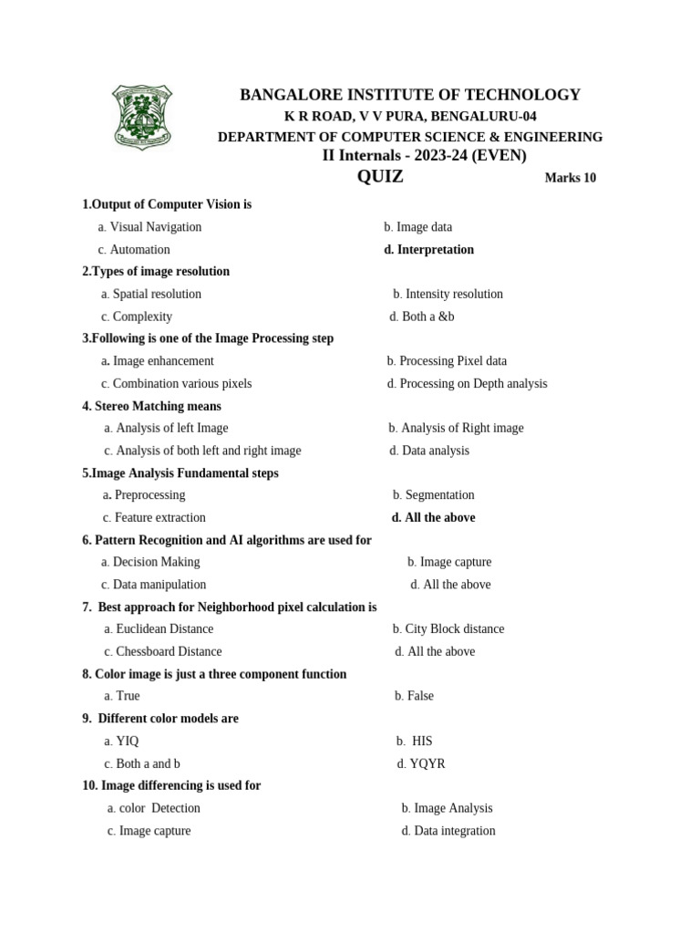 Computer Vision Quiz Ii Internals 2023 24 Pdf