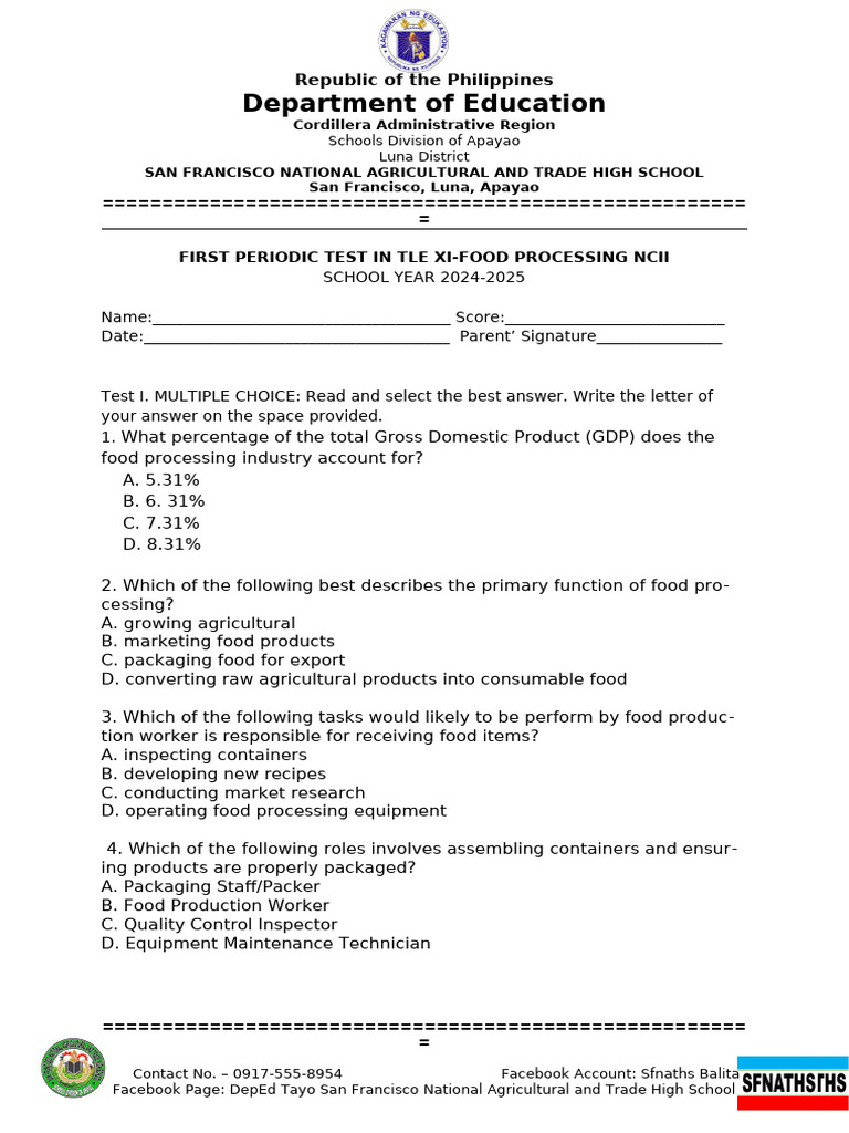 TLE XI Food Processing Test 2024-2025 | PDF
