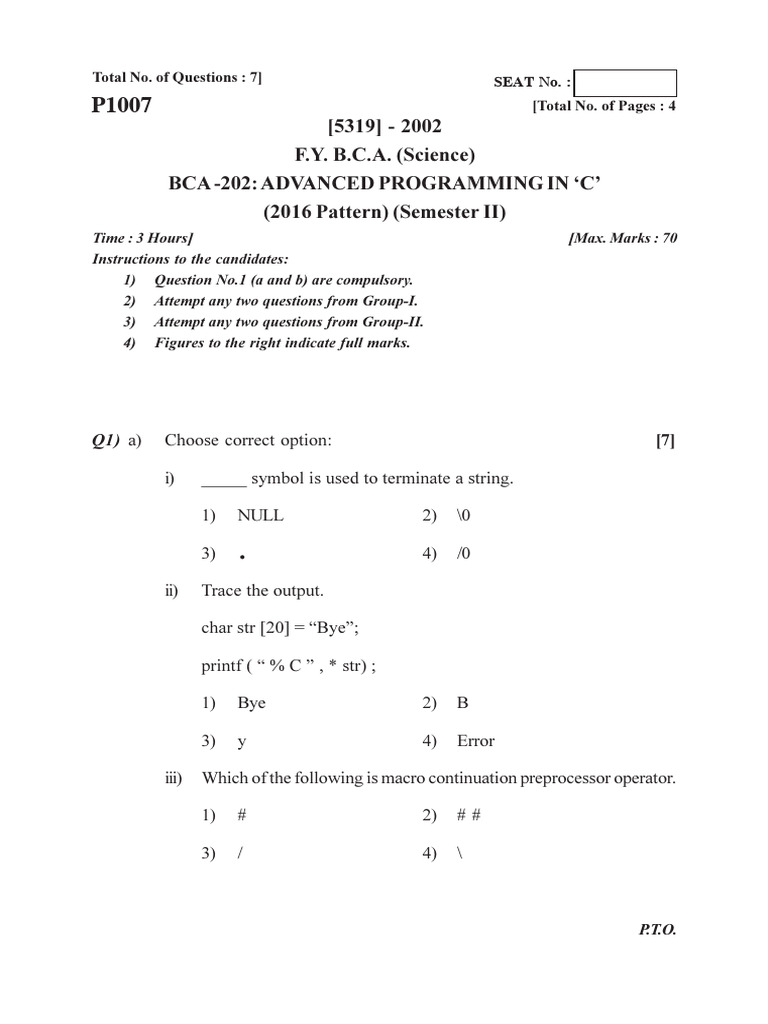 Bca 2 Sem Advanced Programming in C 2002 p16 Apr 2018 | PDF