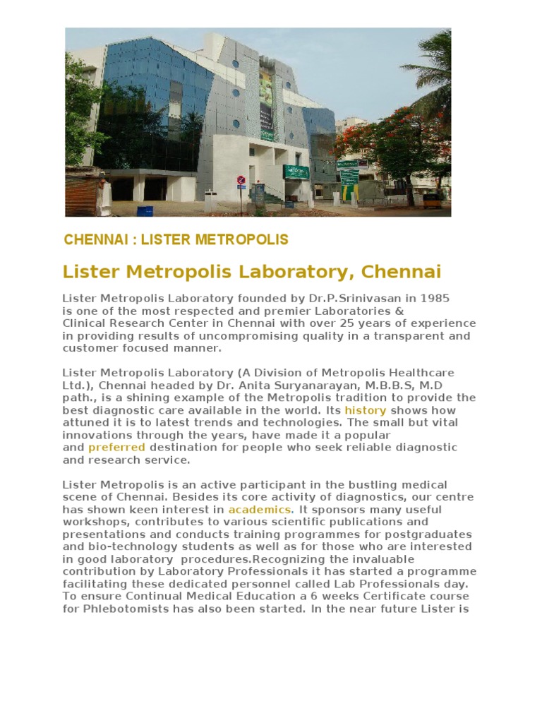 Lister Metropolis Lab: Premier Diagnostics in Chennai | PDF | Medical ...