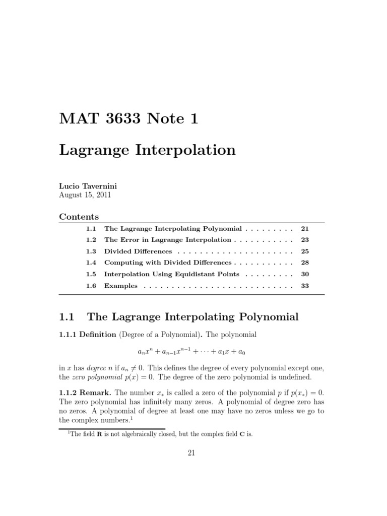 MAT 3633 Note 1 Lagrange Interpolation: 1.1 The Lagrange Interpolating ...