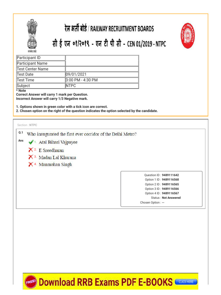 RRB NTPC CBT 1 Paper 2019 Held On 09 Jan 2021 Shift 3 | PDF | Tests ...