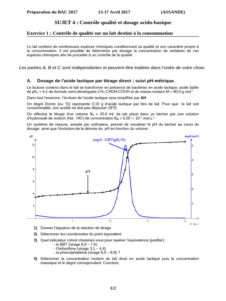Sujet 04 Controle qualité et dosage acido basique | PDF | Titrage | Chimie