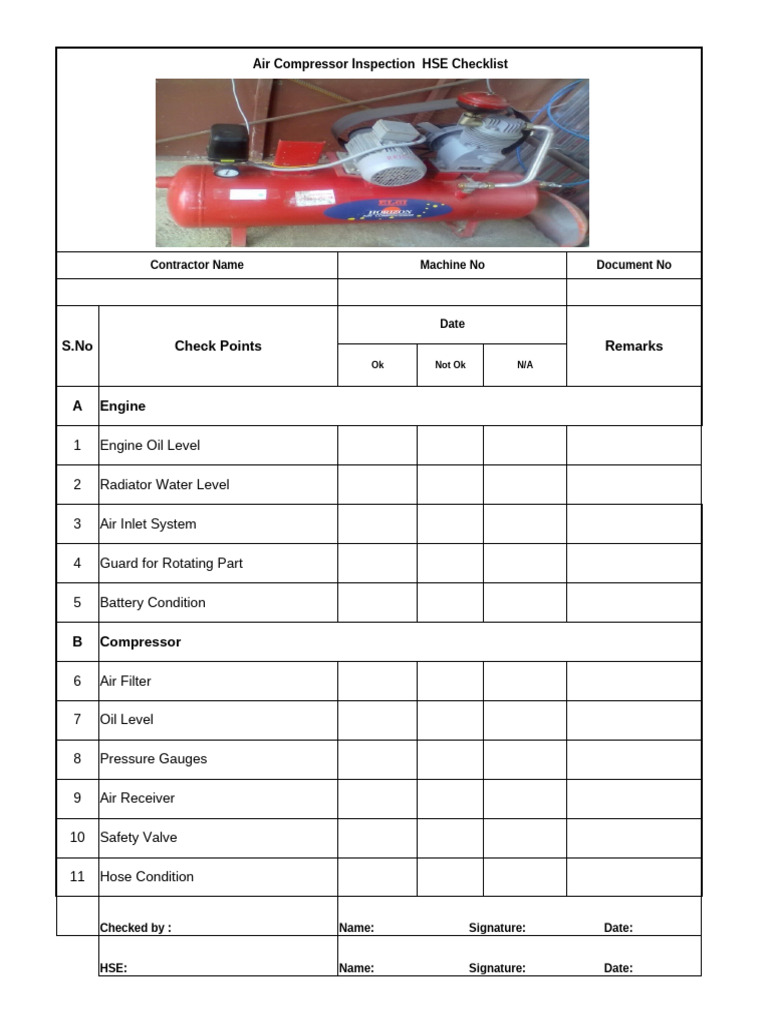 Air Compressor Inspection HSE Checklist | PDF