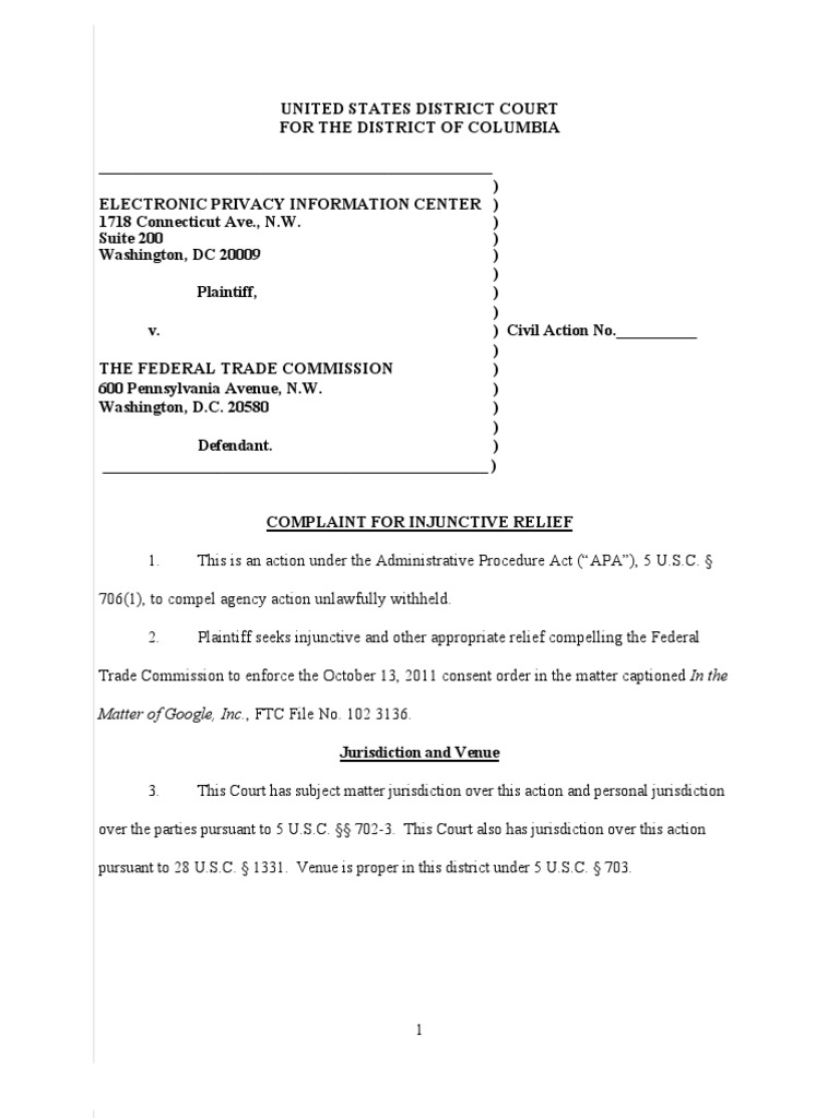 EPIC vs. FTC: Google Privacy Complaint | PDF | Federal Trade Commission ...