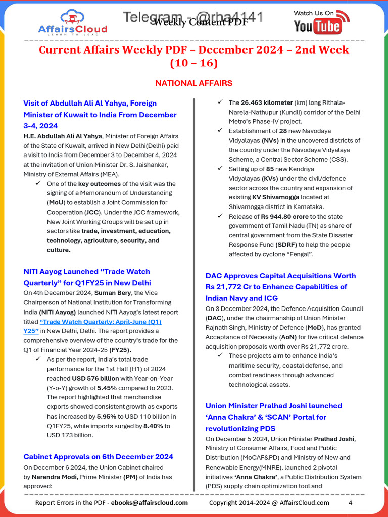 Current Affairs Weekly PDF: Dec 2024 | PDF | Reserve Bank Of India | Banks