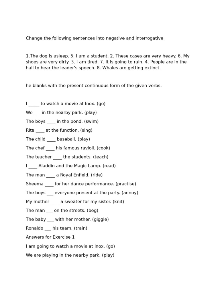 Present Continuous Tense Exercises | PDF | Grammar | Linguistics
