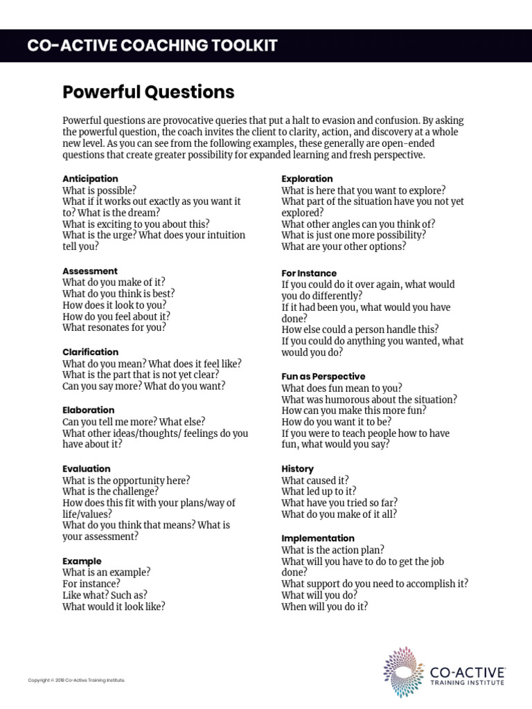 Powerful Coaching Questions Toolkit | PDF | Cognition | Cognitive Science