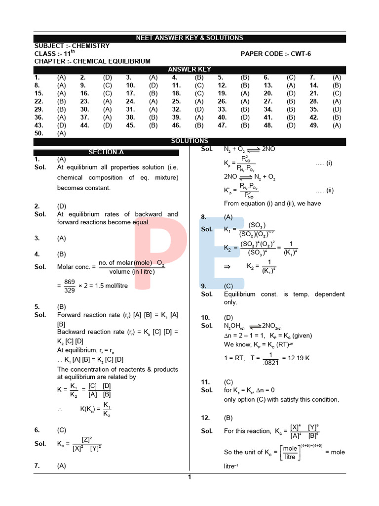 NEET Chemistry Answer Key: Chemical Equilibrium | PDF | Chemical ...