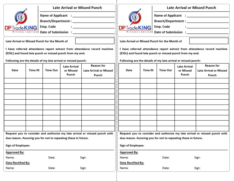 Missed Punch OR Late Arrival Form - DPTKPL - 2018 - MONTHLY | PDF