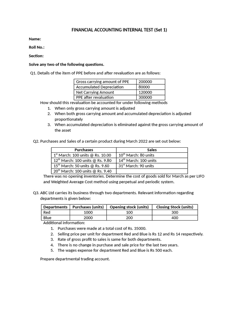 Financial Accounting Internal Test Questions | PDF | Expense | Depreciation