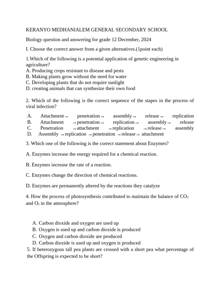 Grade 12 Biology Exam Questions | PDF