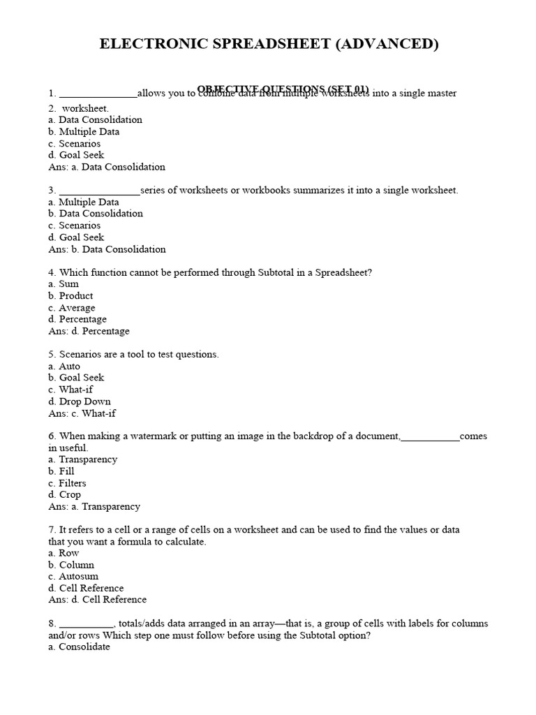 Imp. Questions On Spreadsheet | PDF | Spreadsheet | Worksheet