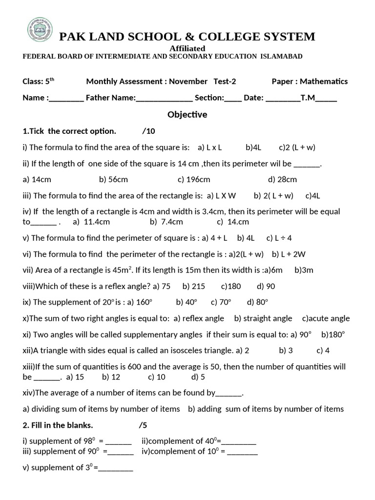 Class 5 Maths Monthly Assessment Paper | PDF | Area | Triangle