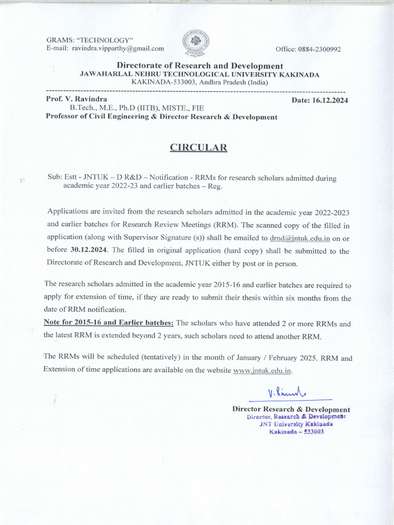 JNTUK RRM Notification for Research Scholars | PDF