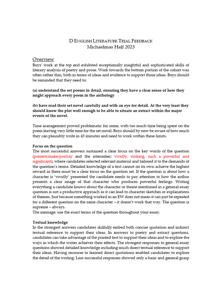 D English Literature Trial Feedback M23 | PDF | Essays | Poetry