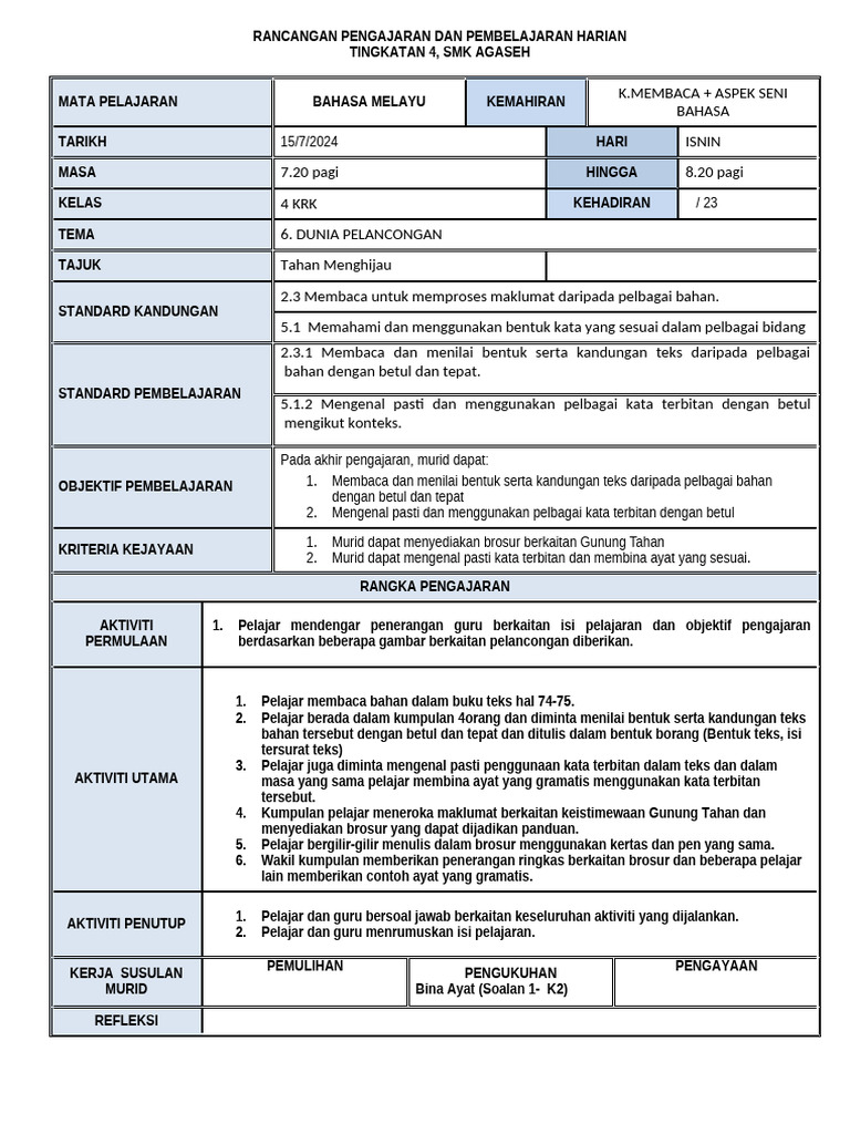 Contoh RPH Kemahiran Membaca + Seni Bahasa | PDF