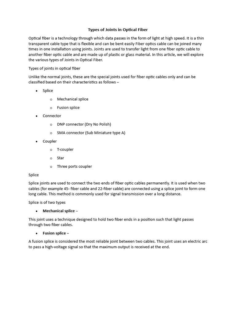 Types of Optical Fiber Joints Explained | PDF | Optical Fiber ...