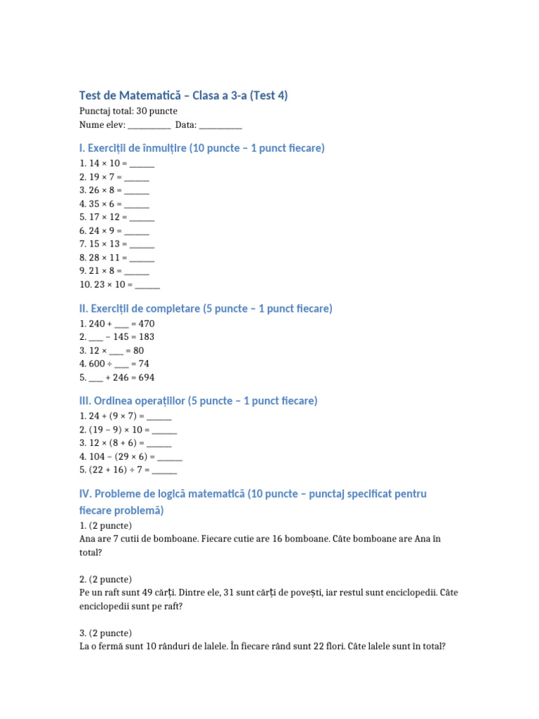 Test Matematica Clasa 3 4 | PDF