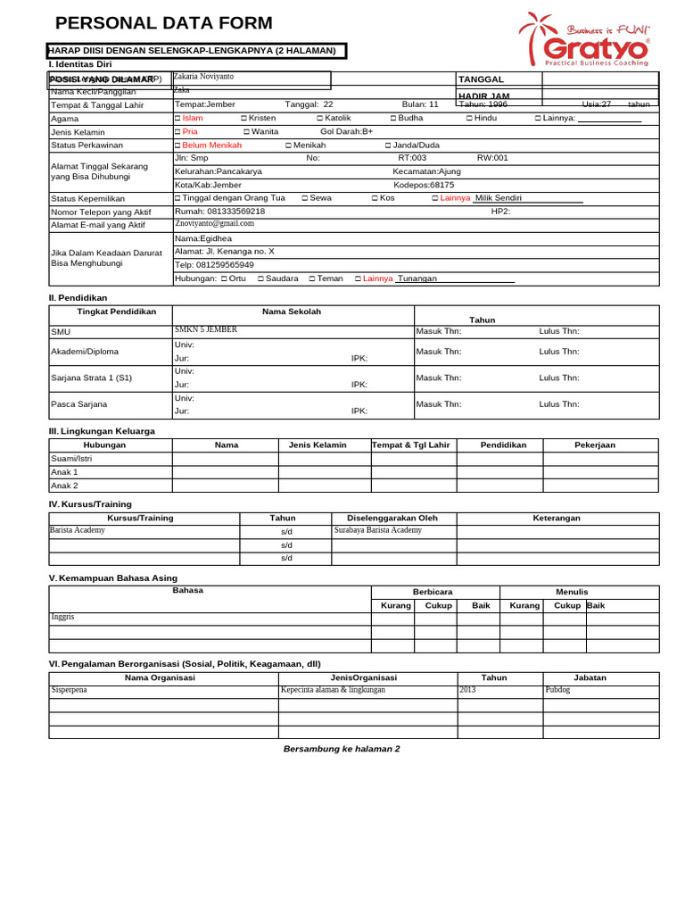 Personal Data Form - Zakaria | PDF