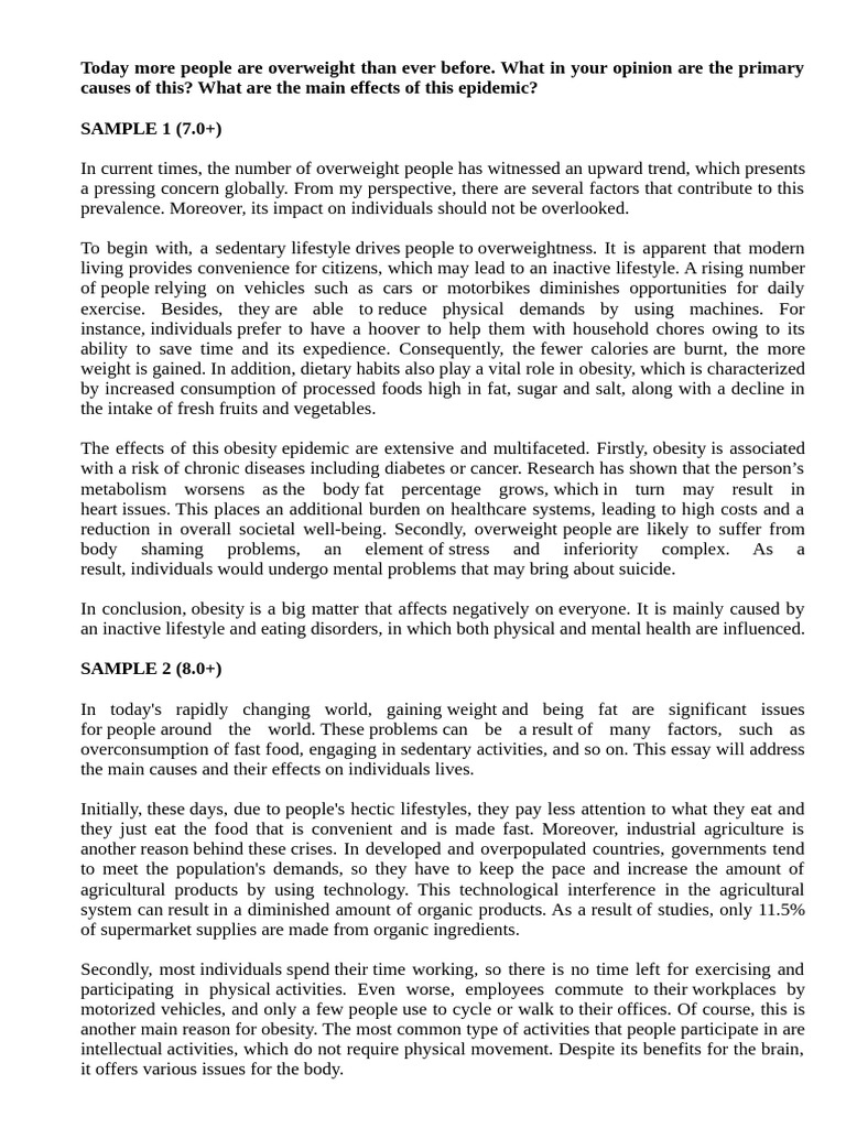 SAMPLE ESSAYS | PDF | Obesity | Sedentary Lifestyle