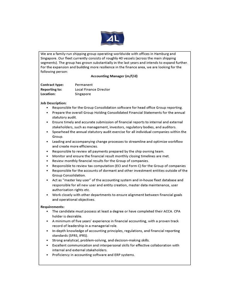 Accounting Manager Position in Singapore | PDF | Accounting | Financial ...