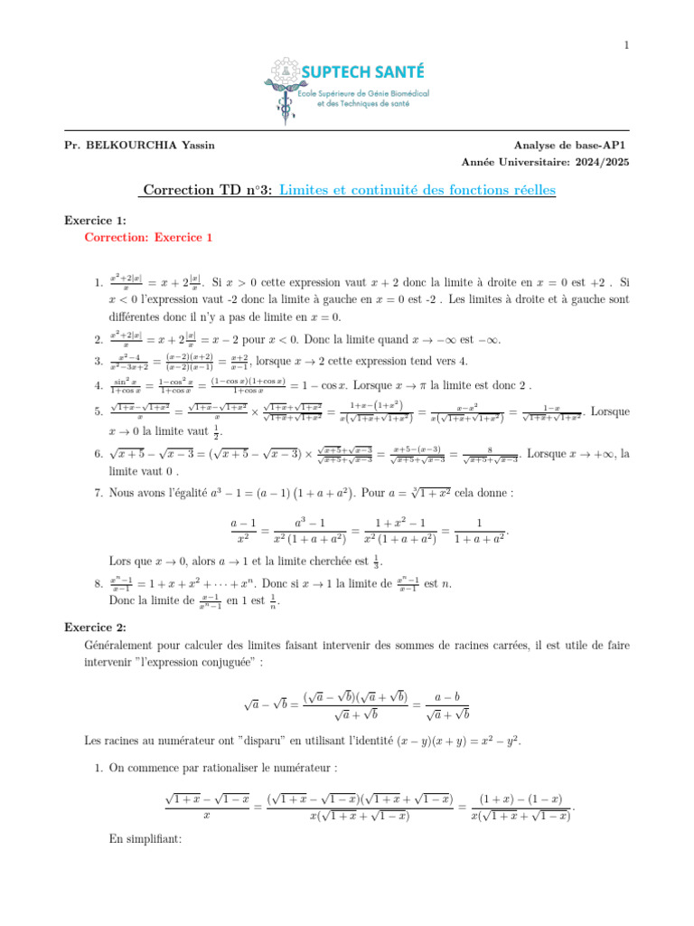 TD 3 Limites Et Continuité - Correction | PDF | Mathématiques | Analyse ...