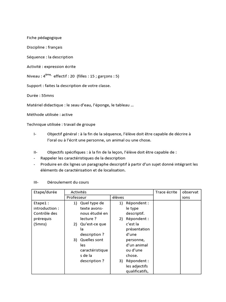Fiche Pédagogique : La Description en 4ème | PDF