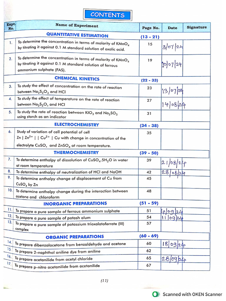 Chemistry Practical Index & Date | PDF