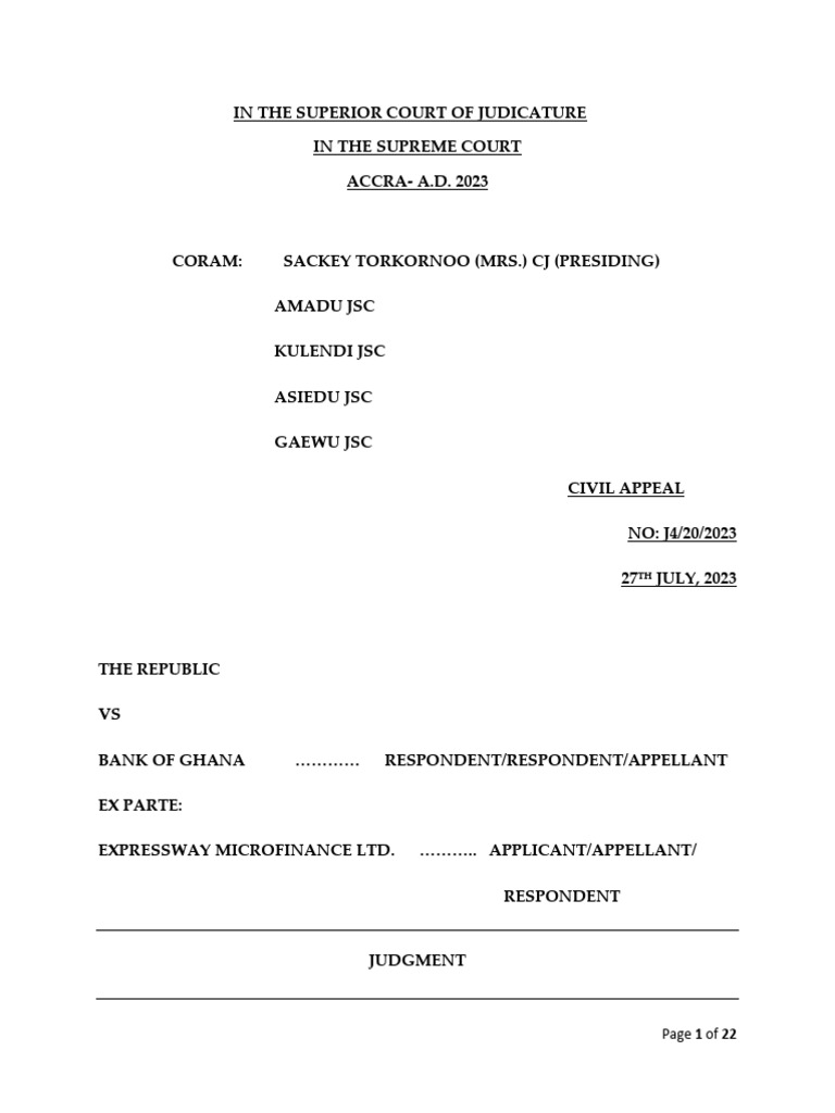 The Republic Vrs Bank of Ghana Ex Parte Expressway Microfinance LTD ...