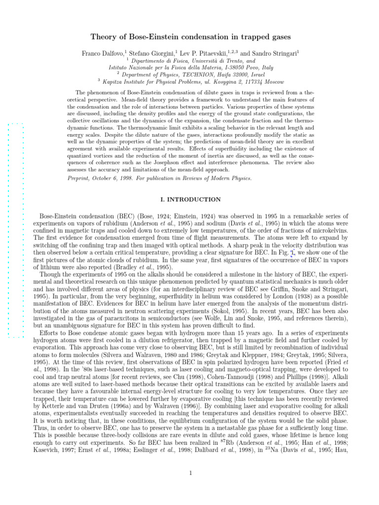 Bose-Einstein Condensation in Trapped Gases | PDF | Gases | Temperature