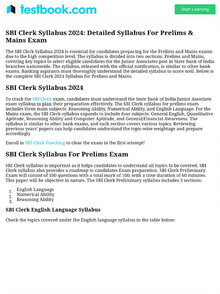 SBI Clerk Syllabus 2024 - Detailed Syllabus For Prelims & Mains Exam | PDF
