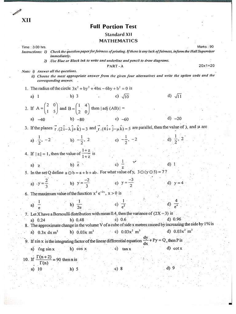 Namma Kalvi 12th Maths Full Portion Model Question Paper Em 217024 Pdf