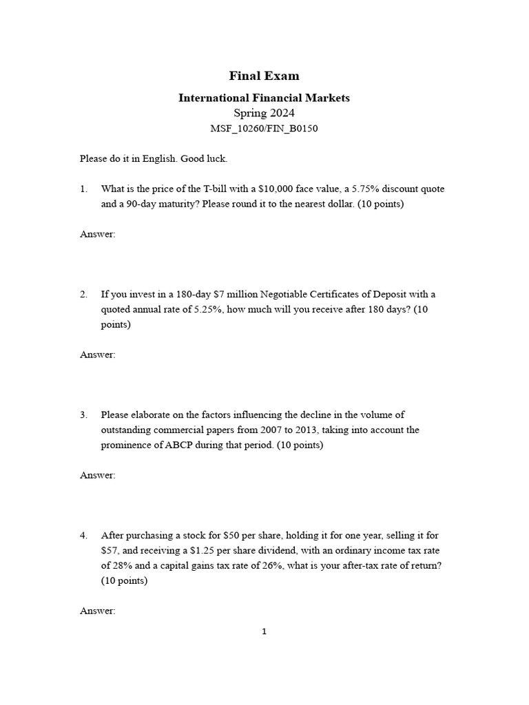 International Financial Markets Exam 2024 | PDF | Stocks | Bonds (Finance)