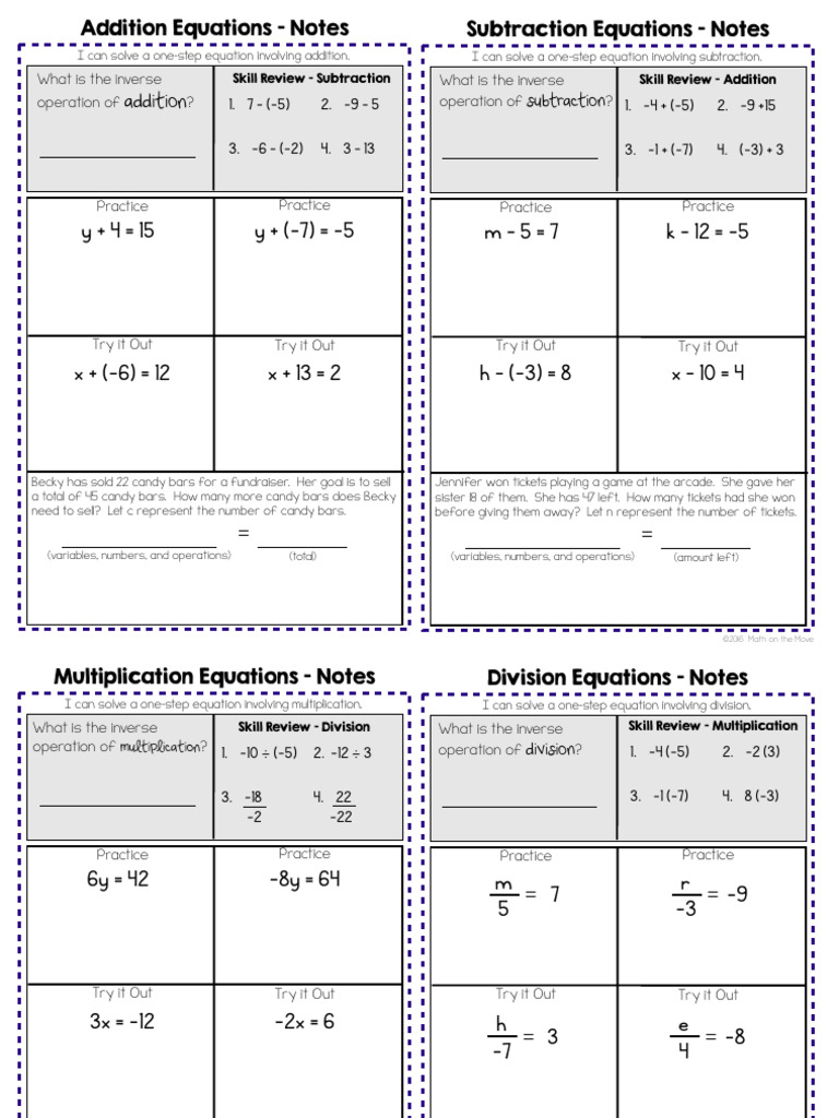 One-Step Equations Notes - MiniQuiz - 7th Grade | PDF | Equations ...