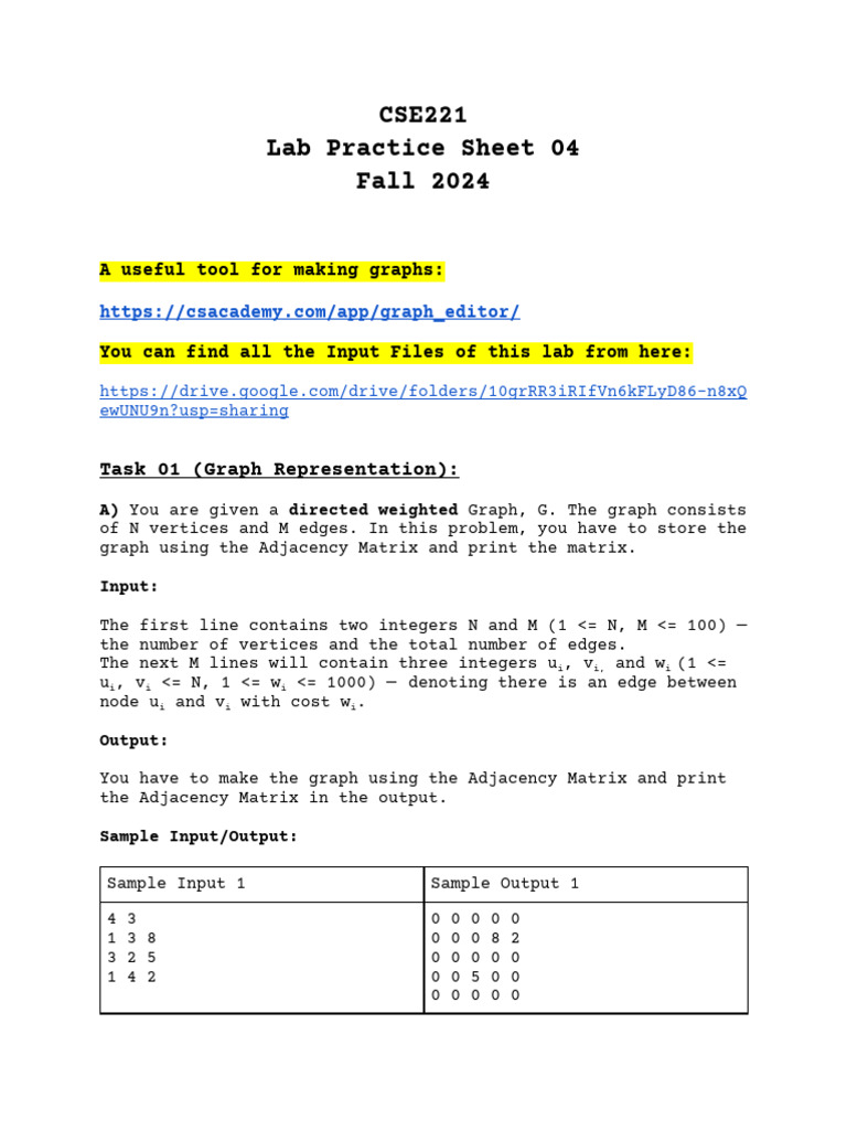 CSE221 - Lab 04 - Graph - Fall 2024 - Faculty V1 | PDF | Graph Theory ...