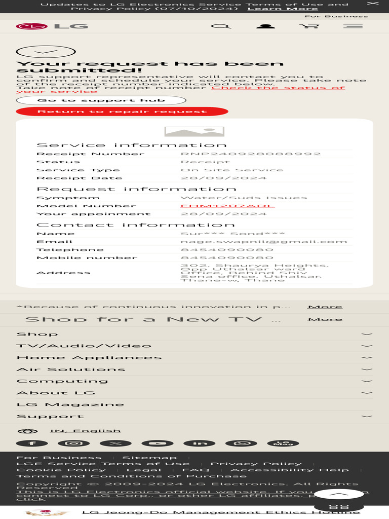Repair Request Complete - Support & Help LG IN | PDF