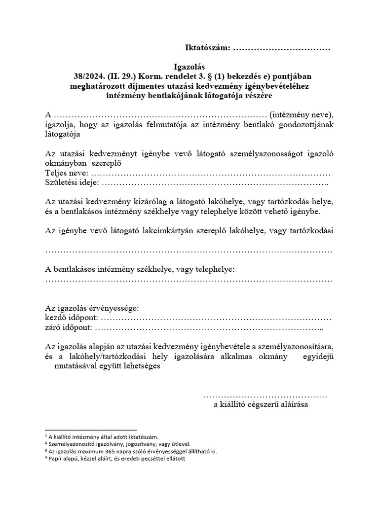 Igazolas Minta Szocialis Intezmenyben Gondozott Szemey Latogatoja ...