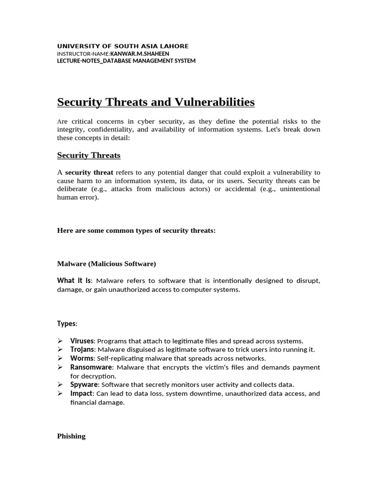Database security threats lecture notes fall 2024 pdf security