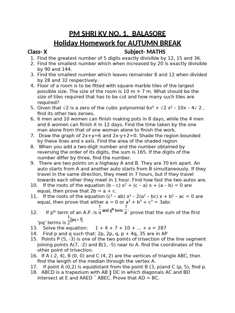 Autumn Break Holiday Homework Class X | PDF | Circle | Euclidean Geometry